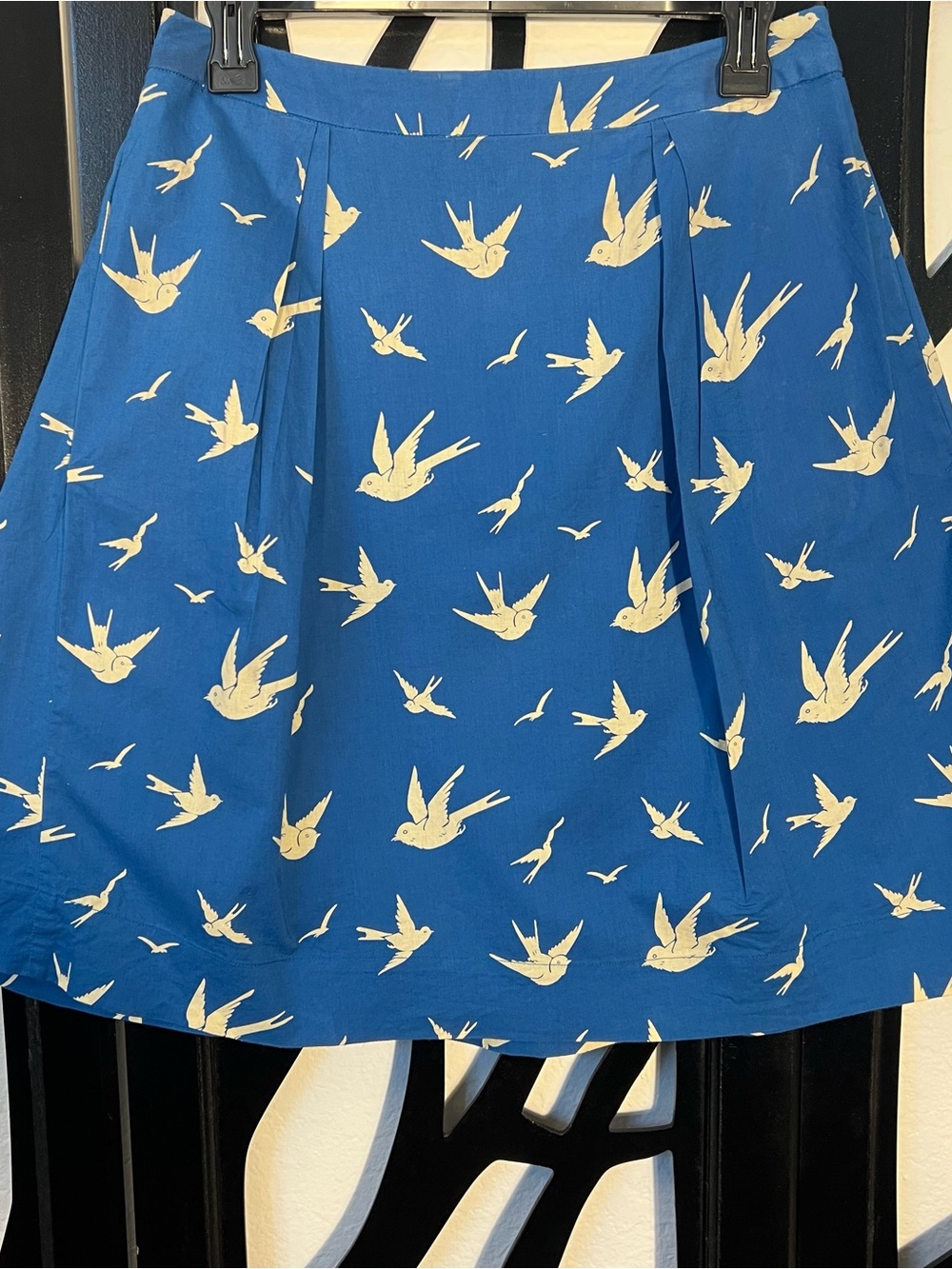 Emily and Fin Swallow Bird Print Blue Women's Flare Mid Skirt Size Medium Boho